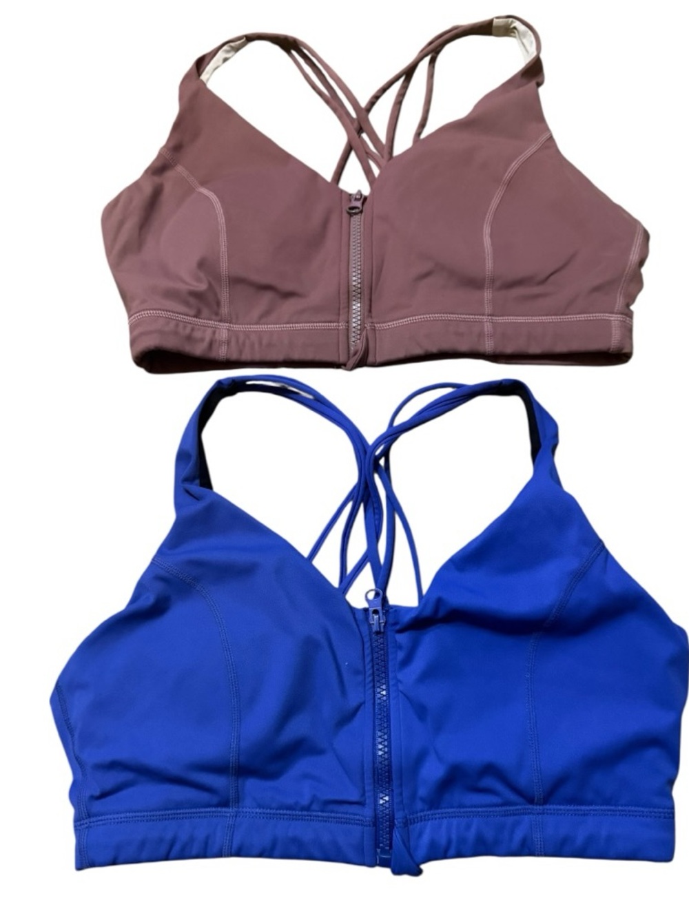 Women's Front-Zip Strappy Sports Bra - Mauve and Royal Blue